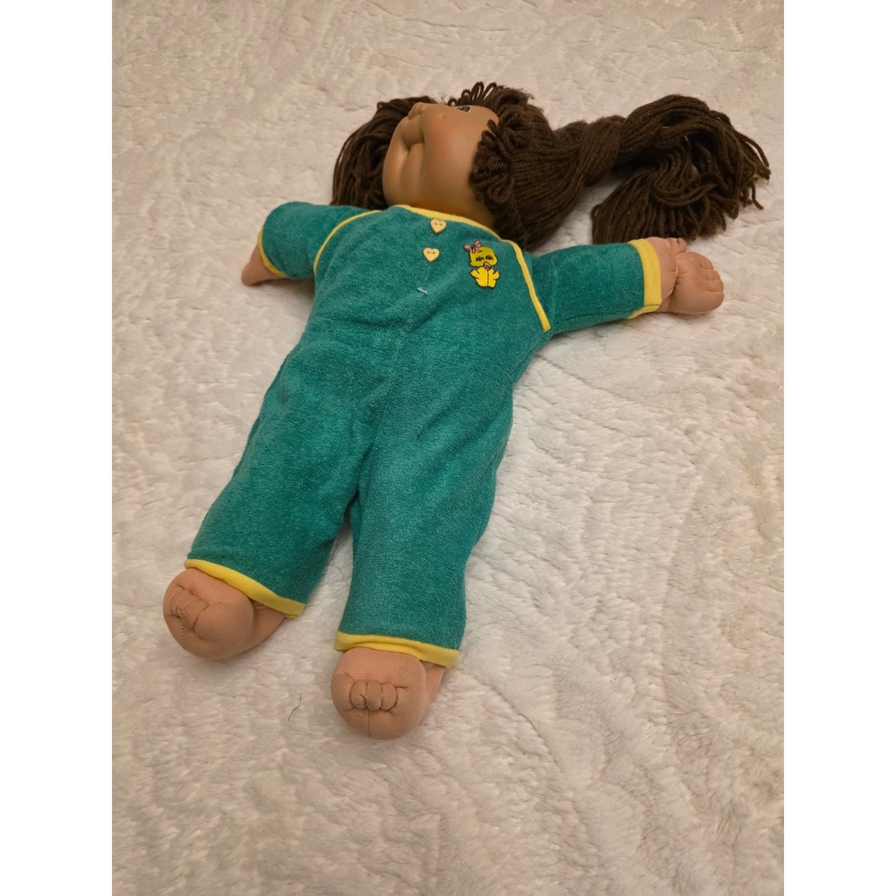 Vintage 1982 Cabbage Patch Kids Doll Brown Hair Yarn Pigtails Green Sleeper 80s - Picture 3 of 16